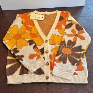 Fun colorful floral oversized cardigan perfect for Fall Sz S Orange/Gold